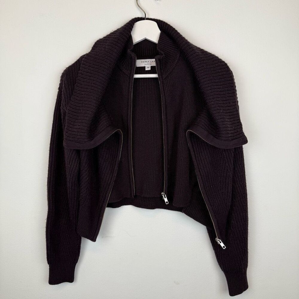 Derek Lam Dark Plum Ribbed Zip-Front Crewneck Sweater - Picture 6 of 9